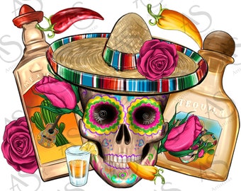 Mexican Skull Sombrero Tequila Bottle Pepper Roses Png Sublimation Design,Tequila Png,Sombrero Hat Png,Glitter Cinco De Mayo Png,Download