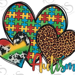 Autism Hearts Leopard Cowhide Png Sublimation Design, Autism Puzzle Heart Png, Autism Leopard Heart Png, Autism Cowhide Heart, Download
