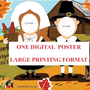 Thanksgiving Pilgrims photobooth prop, face in hole cutout. 1xDigital large POSTER to print and glue on a 36x48 inches Tri-fold POSTER board
