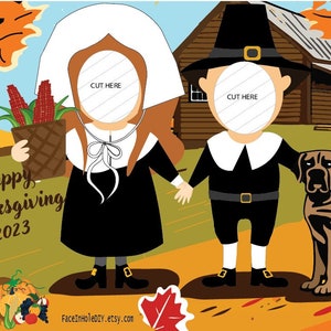 Thanksgiving Pilgrims Photobooth prop Face in hole cutout. TILED Digital File to print on 24 letter paper, assemble on 36x48 inches POSTER