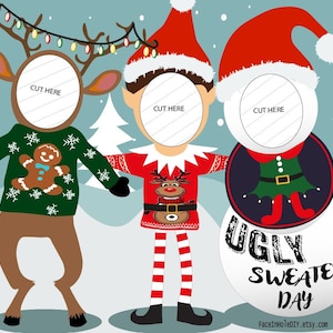 Puede incluir: Un accesorio de cabina de fotos imprimible con tres personajes festivos: un reno, un elfo y un muñeco de nieve. Cada personaje tiene un círculo en blanco para la cara, con el texto "CUT HERE" encima de cada círculo. El reno lleva un suéter verde con un diseño de hombre de jengibre, el elfo lleva un suéter rojo con un diseño de reno y el muñeco de nieve lleva un disfraz de elfo verde. El texto "UGLY SWEATER DAY" está impreso debajo del muñeco de nieve. El fondo es azul claro con copos de nieve.
