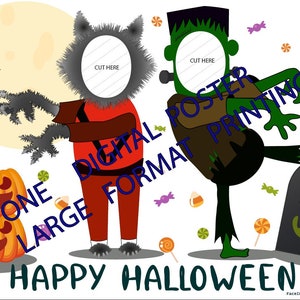 Halloween photobooth prop, face in the hole board cutout. ONE Digital large POSTER to print and glue on a 36x48 inch Tri-fold POSTER board