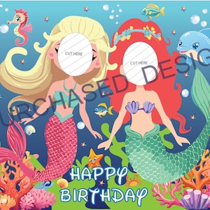 Birthday Mermaid !!ONE! Digital LARGE POSTER,photobooth,face in the hole board cutout.to print & glue on a36x48 inches Tri-fold poster board
