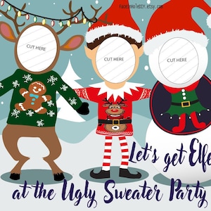 Christmas Ugly Sweater Photobooth prop Face in hole cutout. TILED Digital File to print on 24 letter paper, assemble on 36x48 inches POSTER