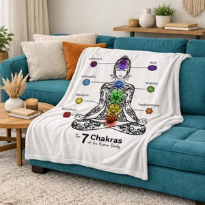 May include: White throw blanket featuring a detailed illustration of a meditating figure with the seven chakras labeled. The design includes colorful chakra symbols and the text "The 7 Chakras of the Human Body". The blanket is draped over a teal sofa.