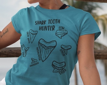 Shark Tooth Hunter, Beach Shirt, Vacation shirt, Ocean, Megaladon, Great white shark, Hammerhead shark, 100% cotton, Comfy Unisex Tee