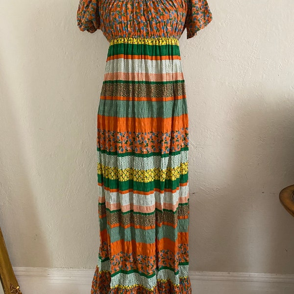 Vintage 70s Patchwork Print Prairie Dress XS /S