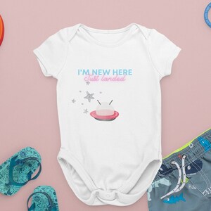 Just Landed, Spaceship Onesie, Astronaut Baby Onesie, Baby Shower Gift, Infant, Funny Onesie, Cute Baby Clothes, New Here, Pink