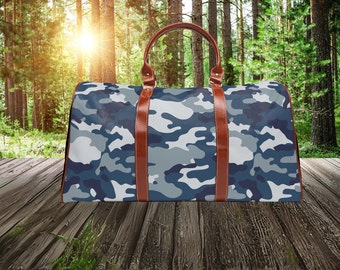Stylish Blue Camo Vegan Leather Tote Bag,Outdoor Enthusiast Gift,Gift for Fishers,Gift for Hunters,Gift for Military,Camouflage Travel Tote
