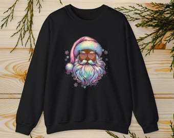 Retro Iridescent Glittering Santa Sweatshirt | Black Santa Smile Sweatshirt | Santa Christmas Gift | Sparkling Santa with Rainbow Beard
