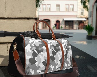 Stylish White Camo Vegan Leather Tote Bag,Outdoor Enthusiast Gift,Gift for Fishers,Gift for Hunters,Gift for Military,Camouflage Travel Tote