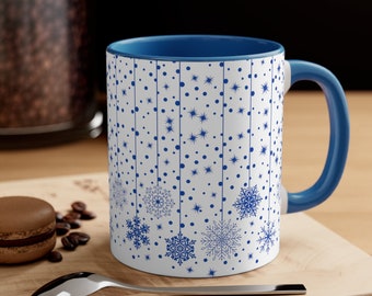 Winter Wonderland, Snowflake Ceramic Accent Coffee Mug, 11oz, Snowy Serenity Handcrafted Snowflake Mug, Beautiful and Functional