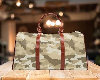Stylish Tan Camo Vegan Leather Tote Bag,Outdoor Enthusiast Gift,Gift for Fishers,Gift for Hunters,Gift for Military,Camouflage Travel Tote