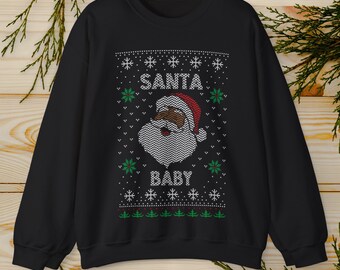 Black Santa Baby Ugly Sweater Festive Christmas Sweatshirt |  Cozy Retro Knit Santa Baby Christmas Sweatshirt  |  Holiday Crewneck Gift