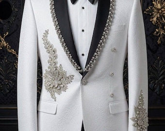 Esmoquin blanco de lujo con pedrería para hombre – Traje de novio – Blazer formal de corte ajustado – Traje para graduaciones y fiestas