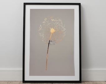 Dandelion single seed head -  foiled wall art - A4 - foiled print - real foil