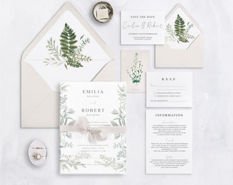 FERN - botanical Vellum Wrap Wedding Invitations - Fern Collection - green botanical Wedding Invites