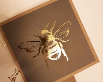 Bee print foiled greetings card - square - blank inside