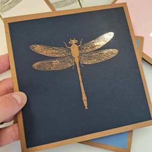 Carte de voeux avec impression libellule - carrée - intérieur vierge - avec papier d'aluminium - luxe - papiers fins