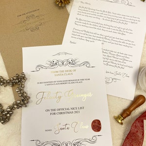 Carta personalizada do Papai Noel e certificado da lista de Bons Amigos - folha de ouro - selo de cera - papel de luxo