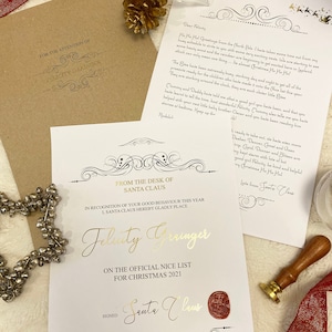 Certificado personalizado de lista de buenos deseos de Papá Noel - lámina de oro - sello de cera - papel de lujo
