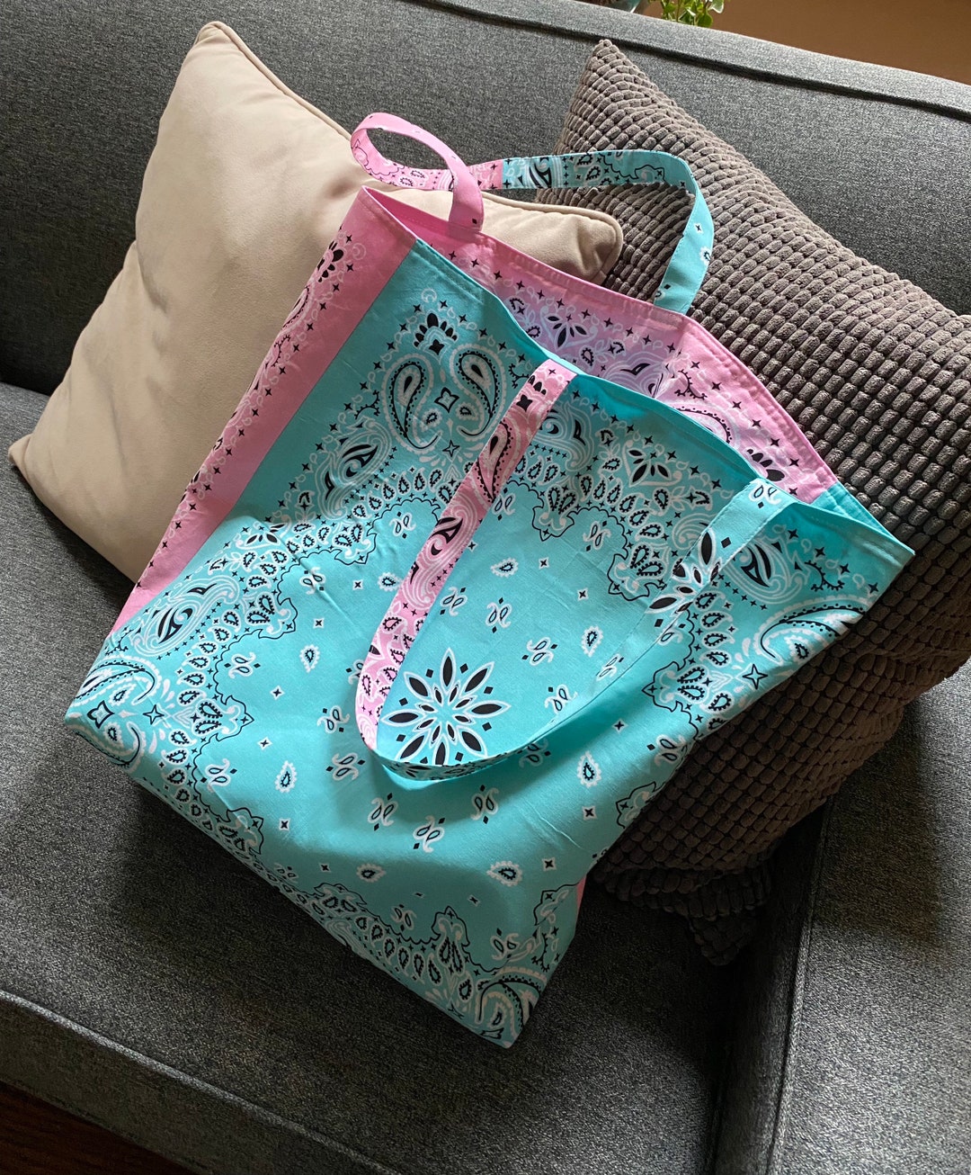 Bandana Tote Bag, Reversible Bandana Beach Tote Bag, Two Tone