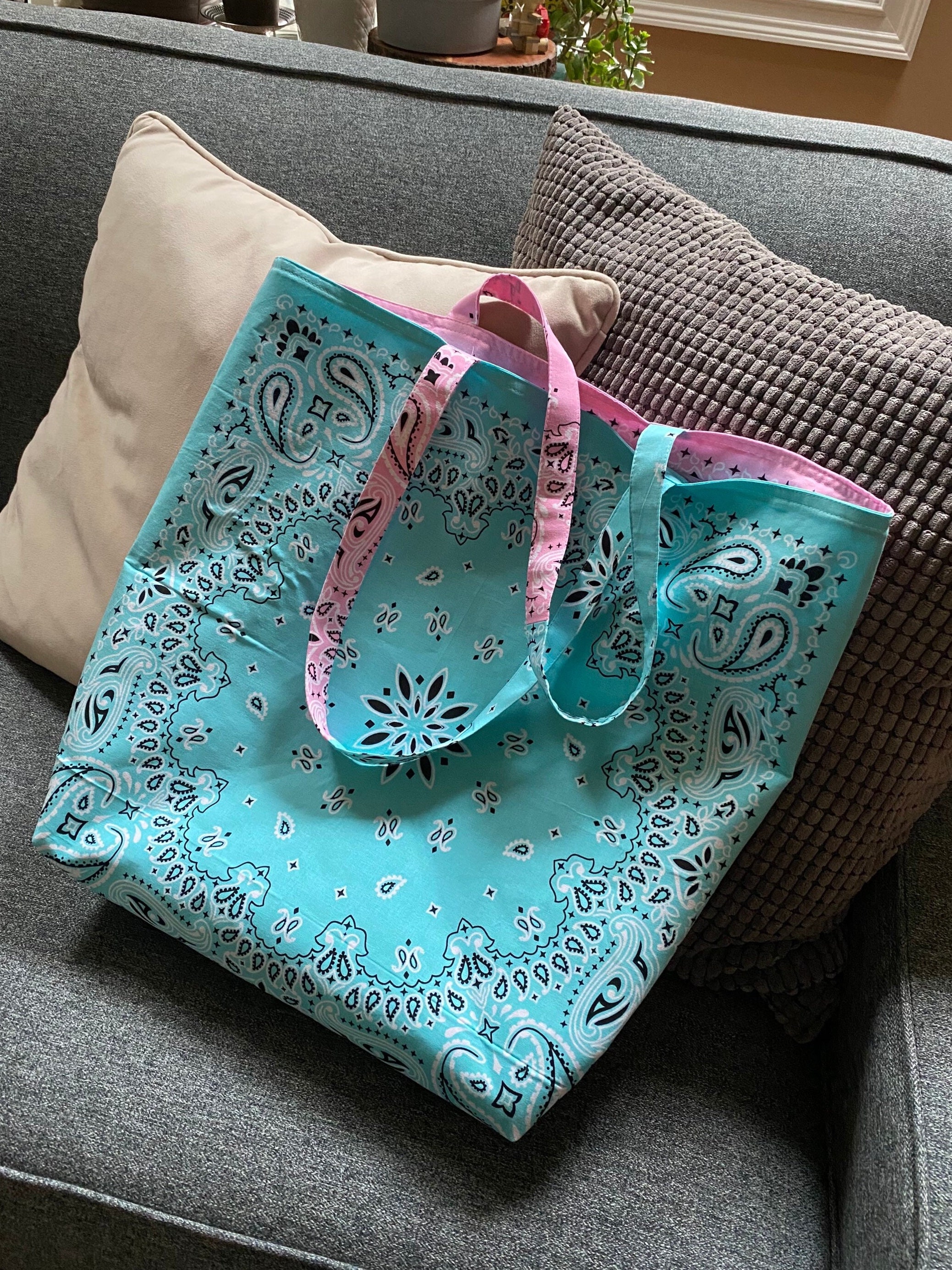 Bandana Tote Bag, Reversible Bandana Beach Tote Bag, Two Tone