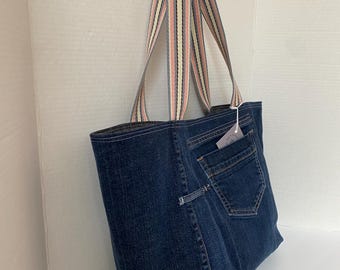 Bolso grande de tela vaquera azul reciclada con correas de algodón