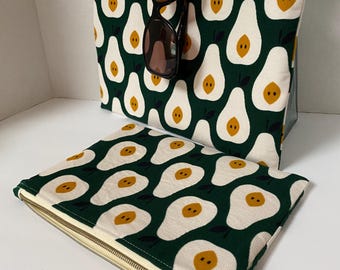 Bolsa de maquillaje de pana acolchada a mano, bolso de mano con cremallera y estampado de aguacate