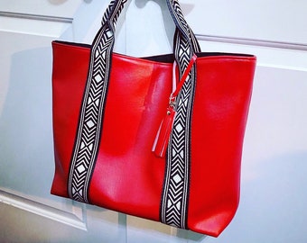 Red top handle boxy tote handbag purse/Red Faux Leather Purse/Top handle shopping bag/