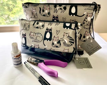 Bolsa de maquillaje de algodón acolchada a mano con cremallera y diseño de gato