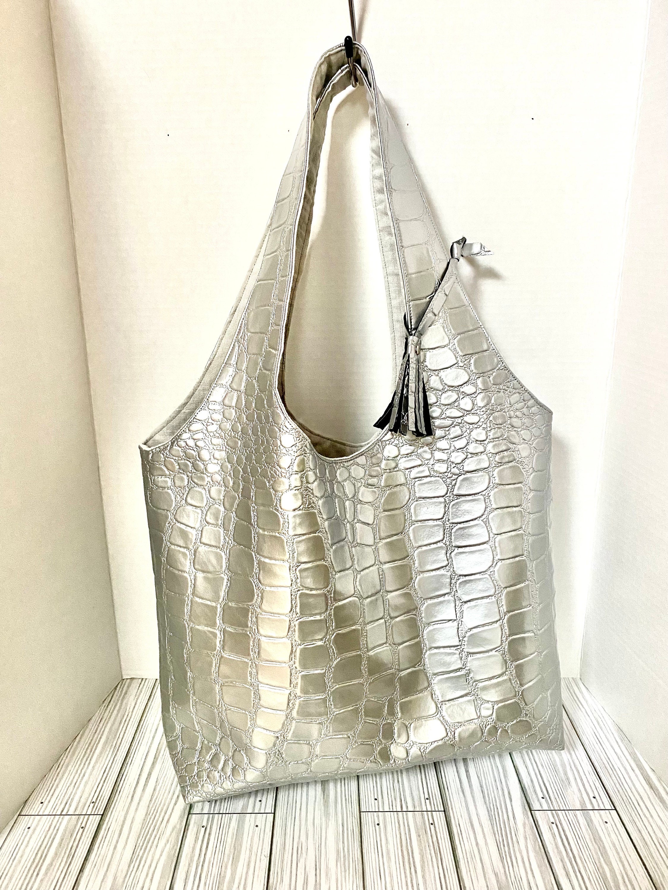 Silver mirror tote bag, metallic shopper beach bag, laptop school work,  vinyl, vegan gift shopper weekend bag, summer bag metallic