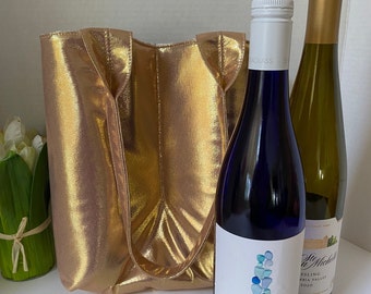 Bolsa para dos botellas de vino, hecha a mano, metálica, en oro rosa