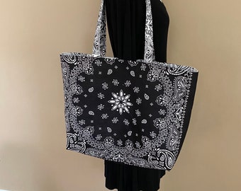 Bolso tote reversible con diseño de bandana, bolso grande de playa de algodón
