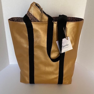 Metallic gold large faux leather shoulder tote bag/Gold faux leather tote bag/City tote with shoulder straps/Large tote bag for work