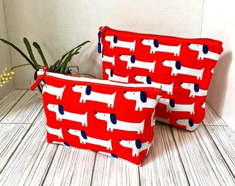 Bolso de mano con cremallera de pana orgánica con estampado de perro - Clutch forrado en lona de algodón roja