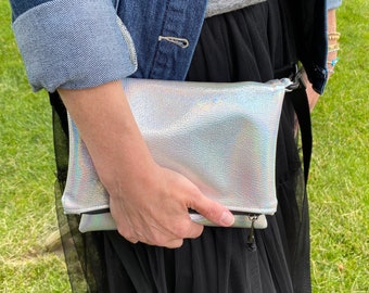 Iridescent silver foldover crossbody messenger clutch bag/silver clutch bag/evening bag/Crossbody bag Iridescent Silver Evening Bag/Metallic