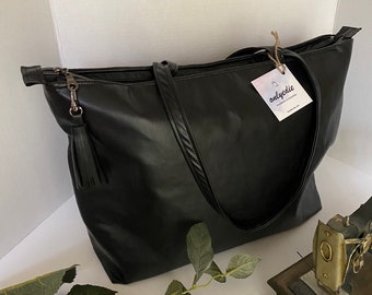 Black Vegan Leather Zippered Tote Purse/Zipper Tote Bag/Gift for her/Large Vegan Leather Tote Bag/Black Bag/Large Black Shoulder Handbag