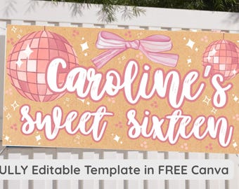 Editable Sweet 16 Party Banner with Disco Ball | Instant Download | Kraft Paper Look | Pink Bow Banner | Printable Birthday,Graduation Decor