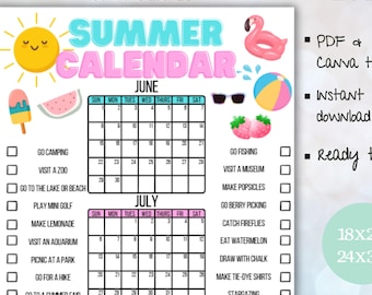 Summer Bucket List Calendar Printable | 2025 Poster | Kids Summer Planner | Instant Download | EDITABLE Template | Ready to Print