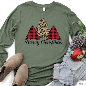 Leopard Print and Buffalo Plaid Christmas Trees Christmas Shirt, Long Sleeve Christmas Shirt, Cute Christmas Shirt