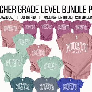 May include: A set of 12 digital designs for t-shirts featuring grade levels from kindergarten through 12th grade. The designs are in white text on a variety of colored shirts, including pink, green, blue, and gray.