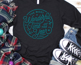 The Most Wonderful Time of the Year (round teal) Christmas Shirt, Long Sleeve Christmas shirt, cute christmas tee