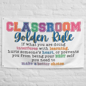 Classroom Golden Rule Banner | Behavior Reminder Teacher Sign | Colorful Classroom Decor, Positive Rules Poster, School Wall Flag, White