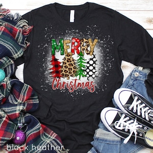 Merry Christmas Leopard Print Buffalo Plaid and Christmas Trees Shirt, BLEACHED DESIGN, Long Sleeve Christmas Shirt, Cute Teacher Shirt,