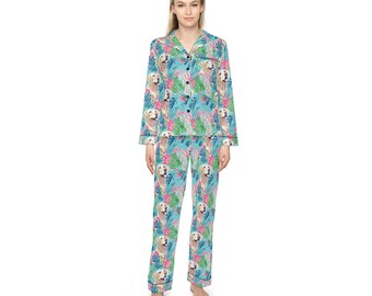 Women's Satin Dog Pajamas | Labrador Retriever Gift for Dog Lovers | Long-sleeve Button Down Pajamas Set | Labrador Retriever Pajamas