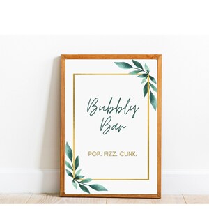 Sprudelnde Bar Grün und Gold Floral druckbare Schild für Hochzeiten Brautpartys Geburtstage Jede Party