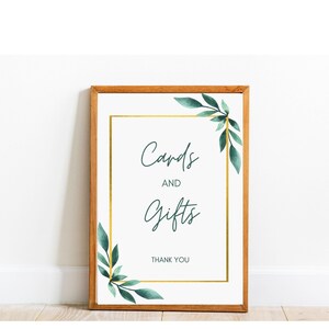 Cards and Gifts Green and Gold Floral Printable Sign for Weddings Bridal Showers Birthday Party
