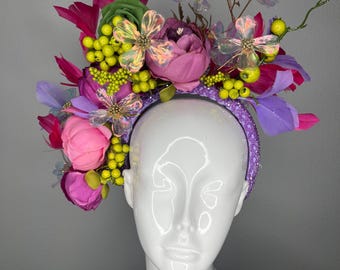 Kentucky Derby Whimsical Garden Bloom Fascinator  Pink, Purple  Chartreuse Iridescent Floral Headpiece