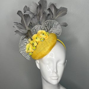 Yellow and Grey Floral Feather Fascinator Hat